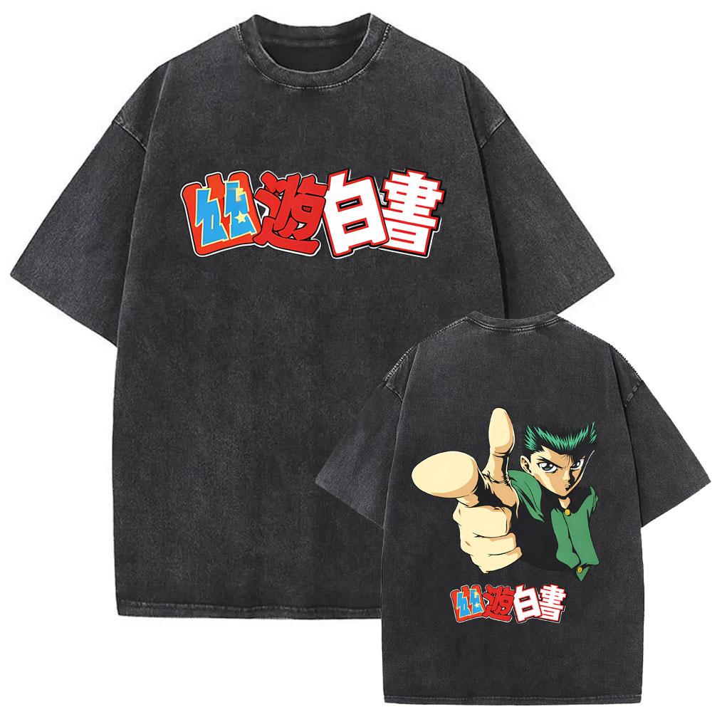 Аниме YuYu Hakusho Винтажная стираная футболка Мужская Женская Одежда Мультяшная Оверсайз Футболка Мужская Хип-Хоп Ретро Футболки Уличная одежда