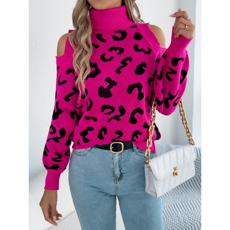 Women S Leopard Print Long Sleeve High Neck Casual Sweater