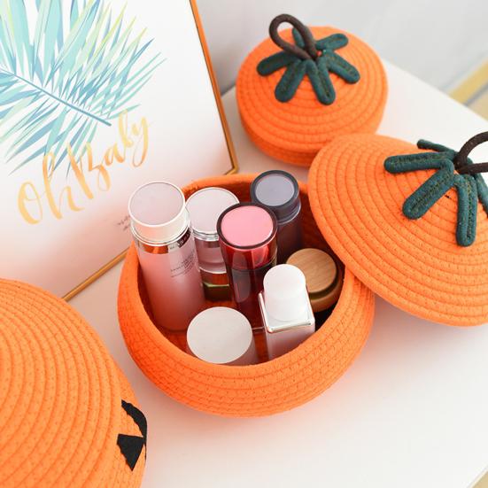 Halloween Woven Pumpkin Basket with Lid Empty Rope Woven Basket Trick or Treat Pumpkin Storage Bin Candy Snack Container