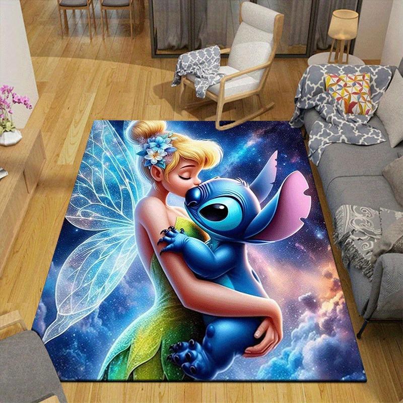 1pc Tinker Bell and Stitch Pattern Area Rug Soft Flannel Floor Mat for Living Room,Office,Bedroom and Carpet,Sofa Coffee Table Floor Mat