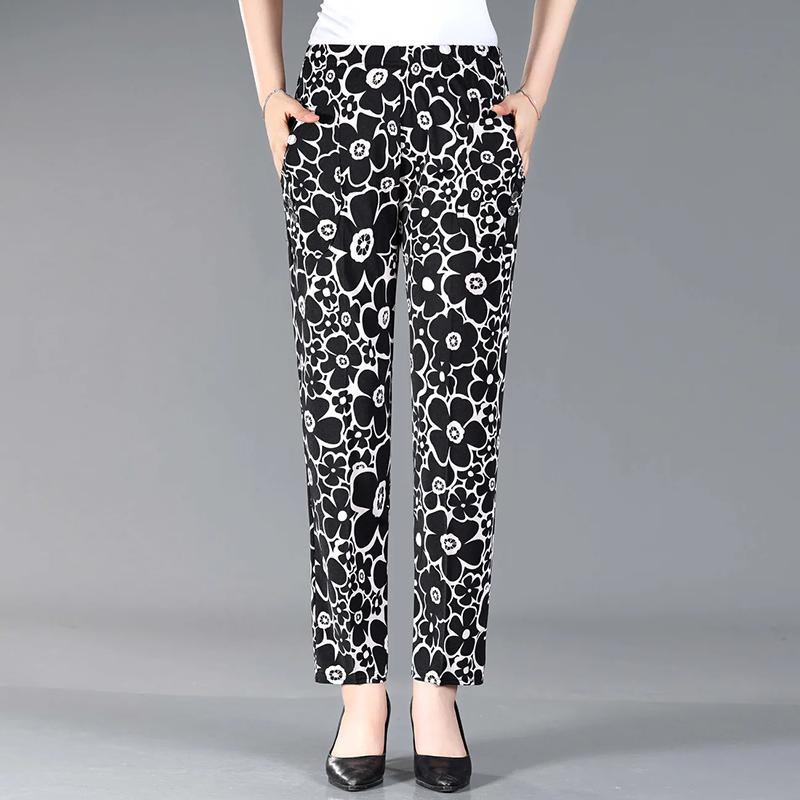 WTEMPO Эластичные тонкие свободные укороченные брюки с высокой талией для мам, женские брюки с принтом в стиле ретро, весна-лето, из ледяного шелка, широкие брюки