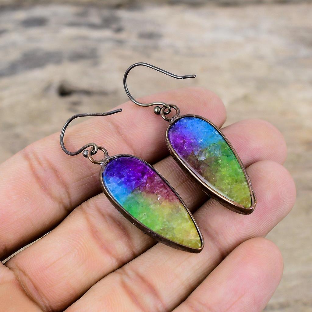 Радужные солнечные кварцевые серьги-друзы, медные серьги, полученные гальваническим способом, серьги с драгоценными камнями, серьги ручной работы, гальванические медные ювелирные изделия, подарок для нее