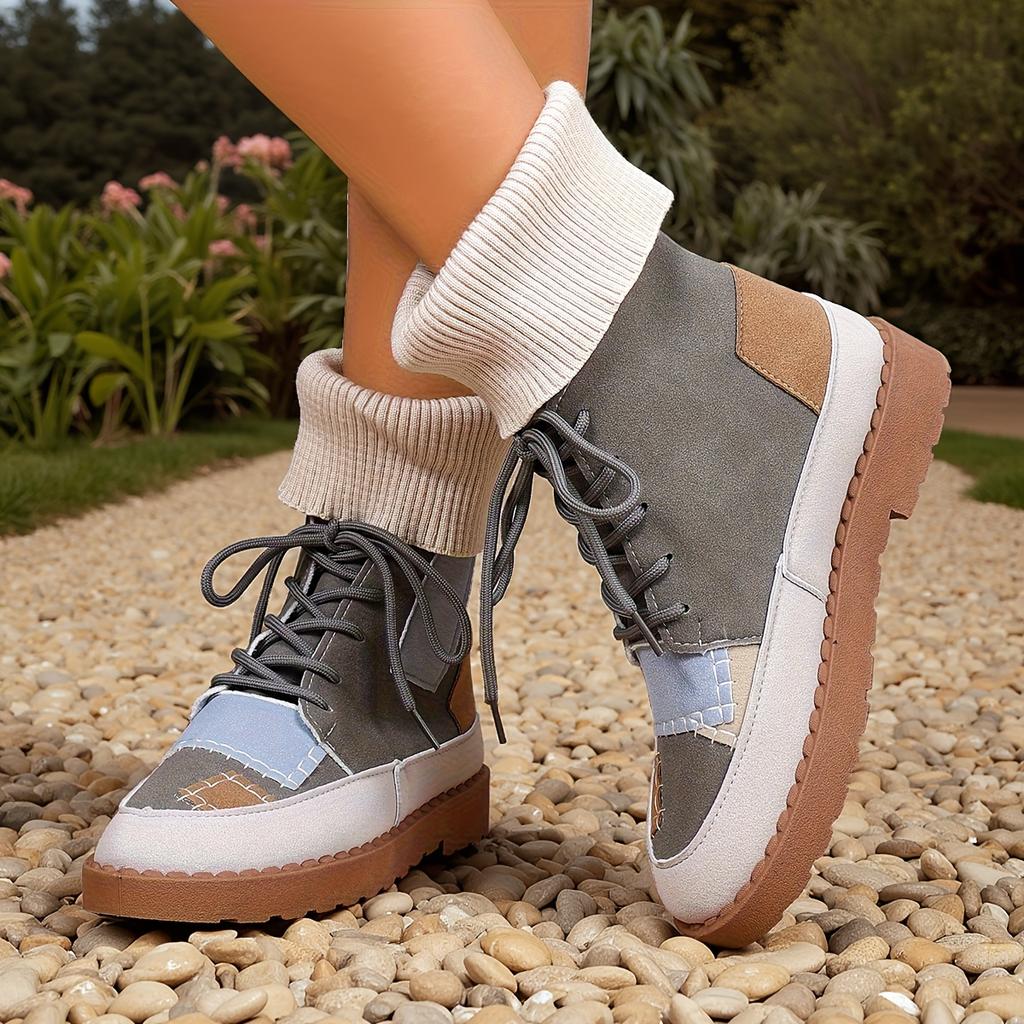 Beige & Blue Plaid Chunky Low Heel Lace-Up Ankle To Mid-Calf Booties - Round Toe Casual Winter with Sole & Fabric Upper