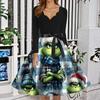 Women's Fashion V-neck Casual Slim-fit Christmas Print Long-sleeved Dress