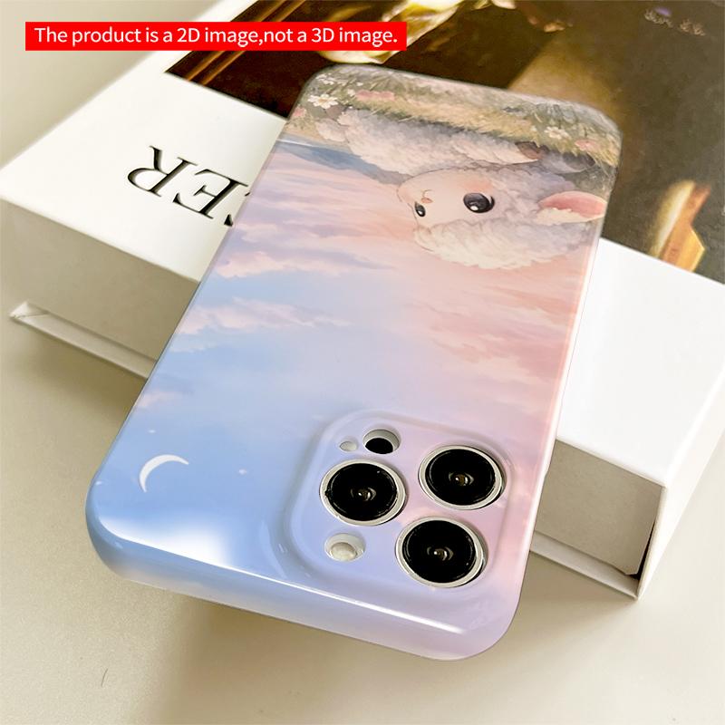 2DFlat Cute Lamb Under Pastel Sky with Crescent Moon All inclusive film hard iPhone case, compatible with iPhone 18 Pro Max 17 16 15 14 13 12 11