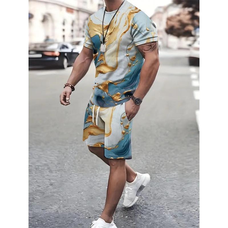 2025 New Fashion Texture 3D Printed Suit Men's Oversized Clothing Short Sleeve Shorts Men's Sportswear Summer Men's Casual Suit