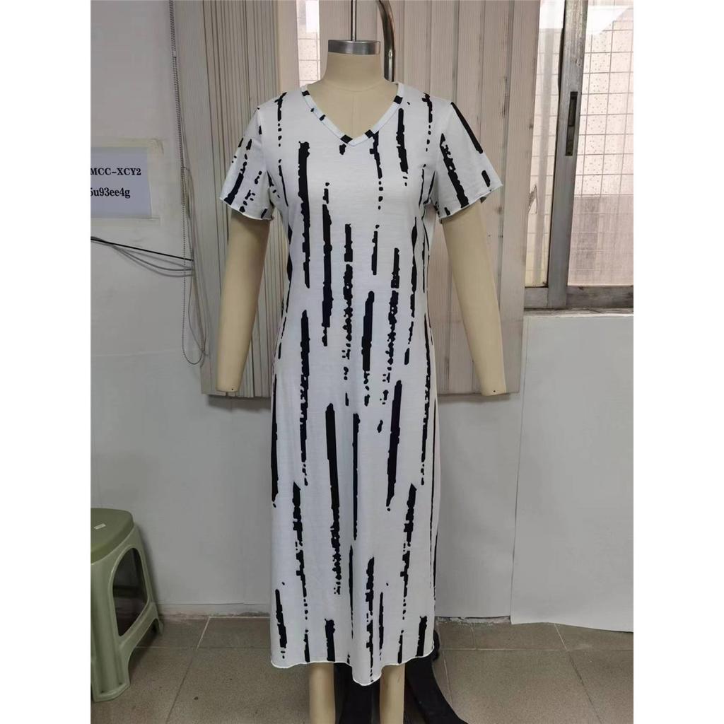 Women's Short-sleeved V-neck Striped Print Loose Long Dress