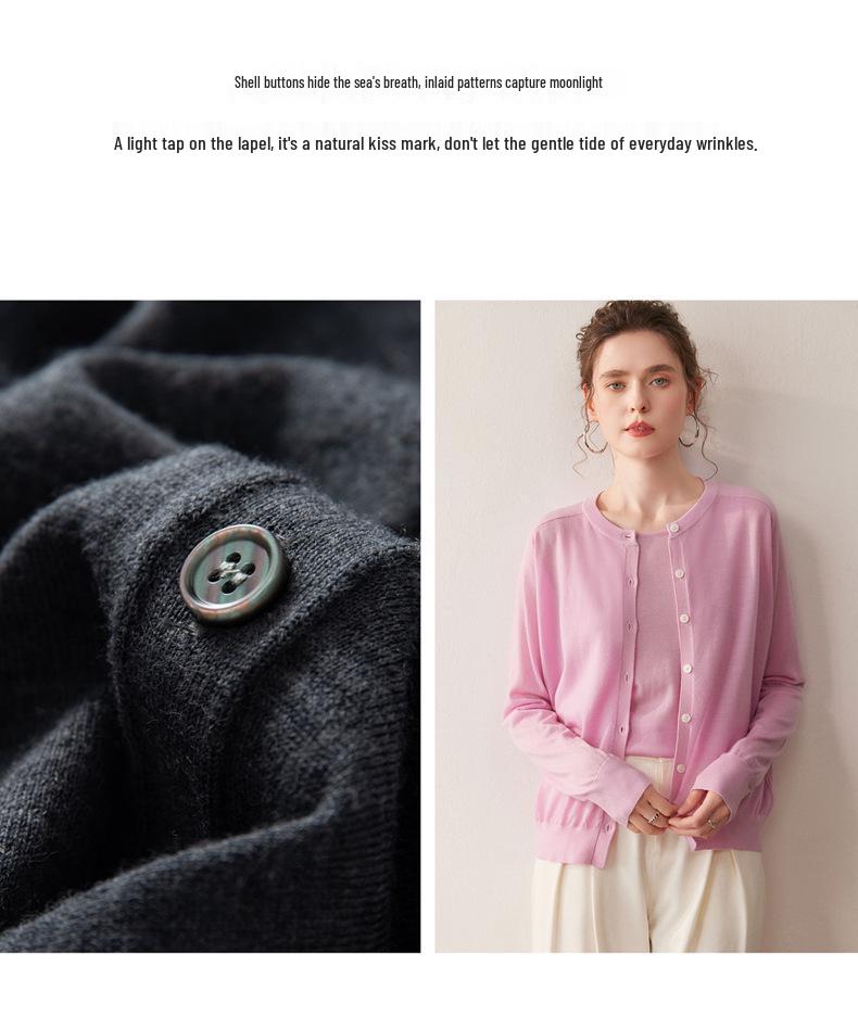 Women's 100% Pure Wool Saddle Shoulder Cardigan - Thin, Round Neck, Fine Knit, Long Sleeve for Simple Commute