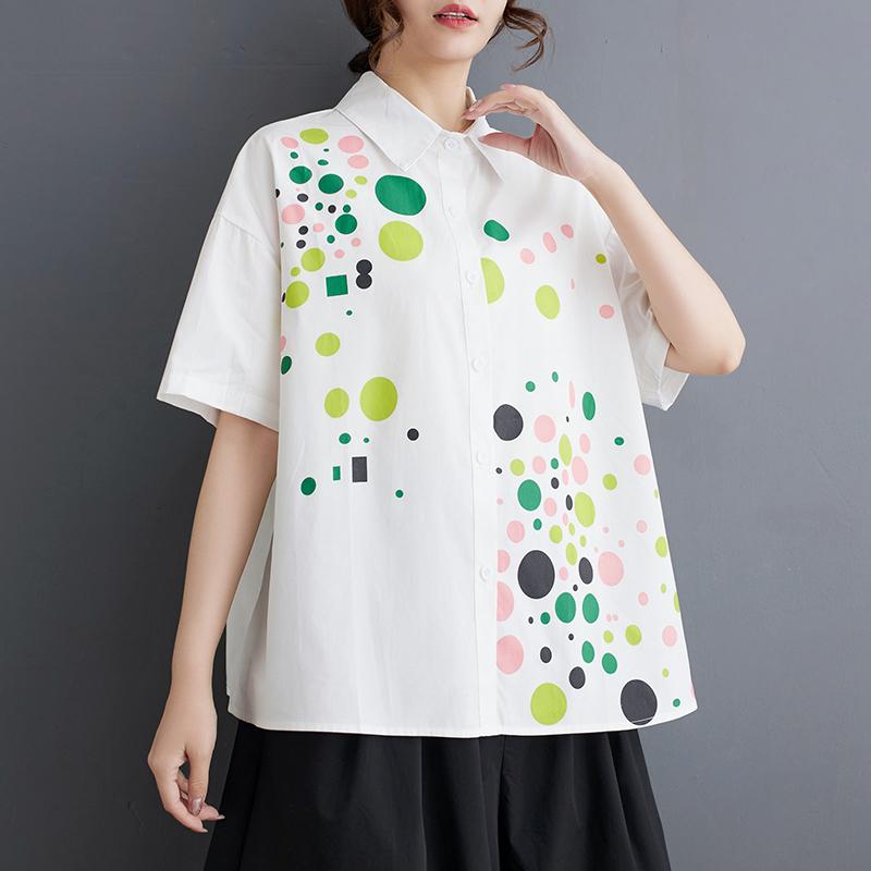 DIMANAF 2025 Plus Size New Women Basic Blouse Summer Loose Shirt Short Sleeve Casual Tops Tees Vintage Printing Shirt