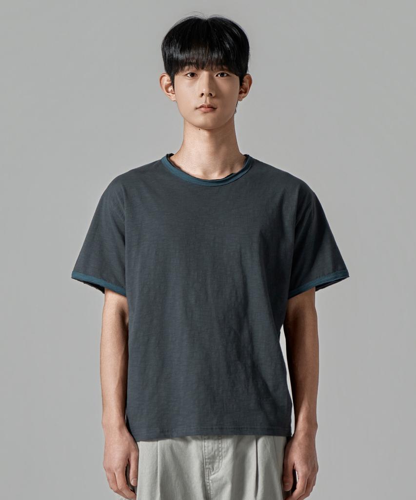 WAAR M1086 Low-Cut Contrast Round Short Sleeve T-Shirt_Charcoal