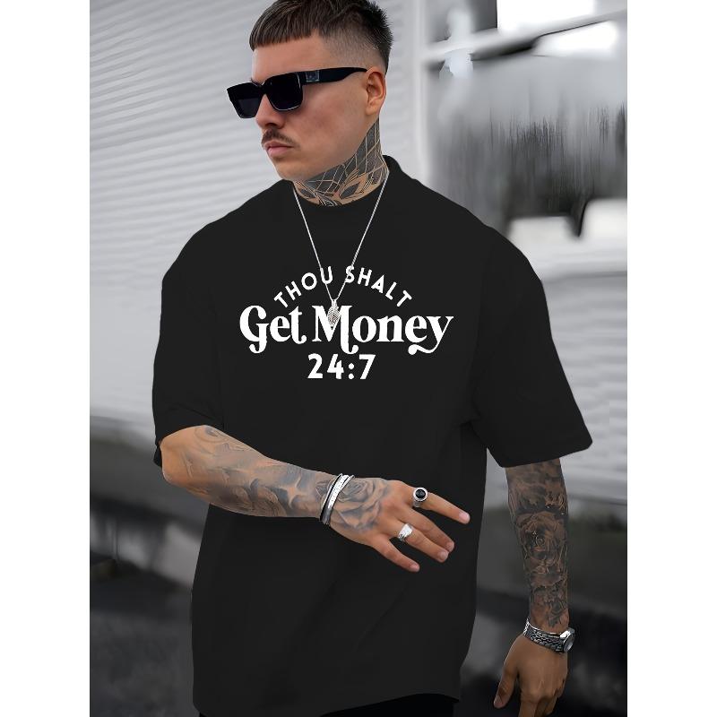 Европейские размеры Мужская футболка с графическим принтом "Get Money" с круглым вырезом - Мягкая, Удобная и Машинная стирка, Повседневный Бохо Стиль, Для Любого Сезона,