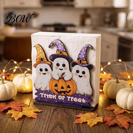 Seasonal Home Accents Halloween Wooden Napkin Holder, Ghost Pumpkin Decorative Tabletop Tissue Dispenser, Gift for Paper Storage Organizer Holiday