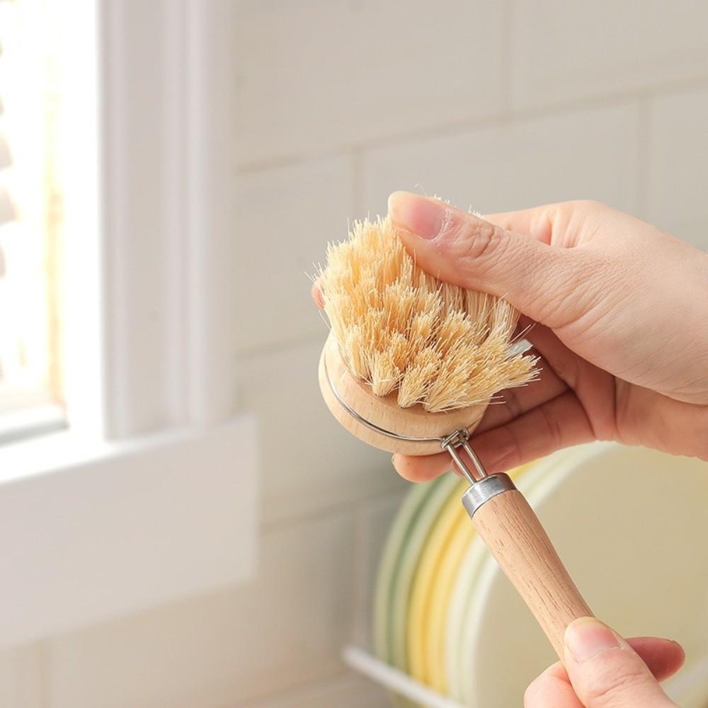 Solid Wood Dish Pot Brush Replaceable Frying Pan Brush Kitchen Cleaning Brush Home Cleaning