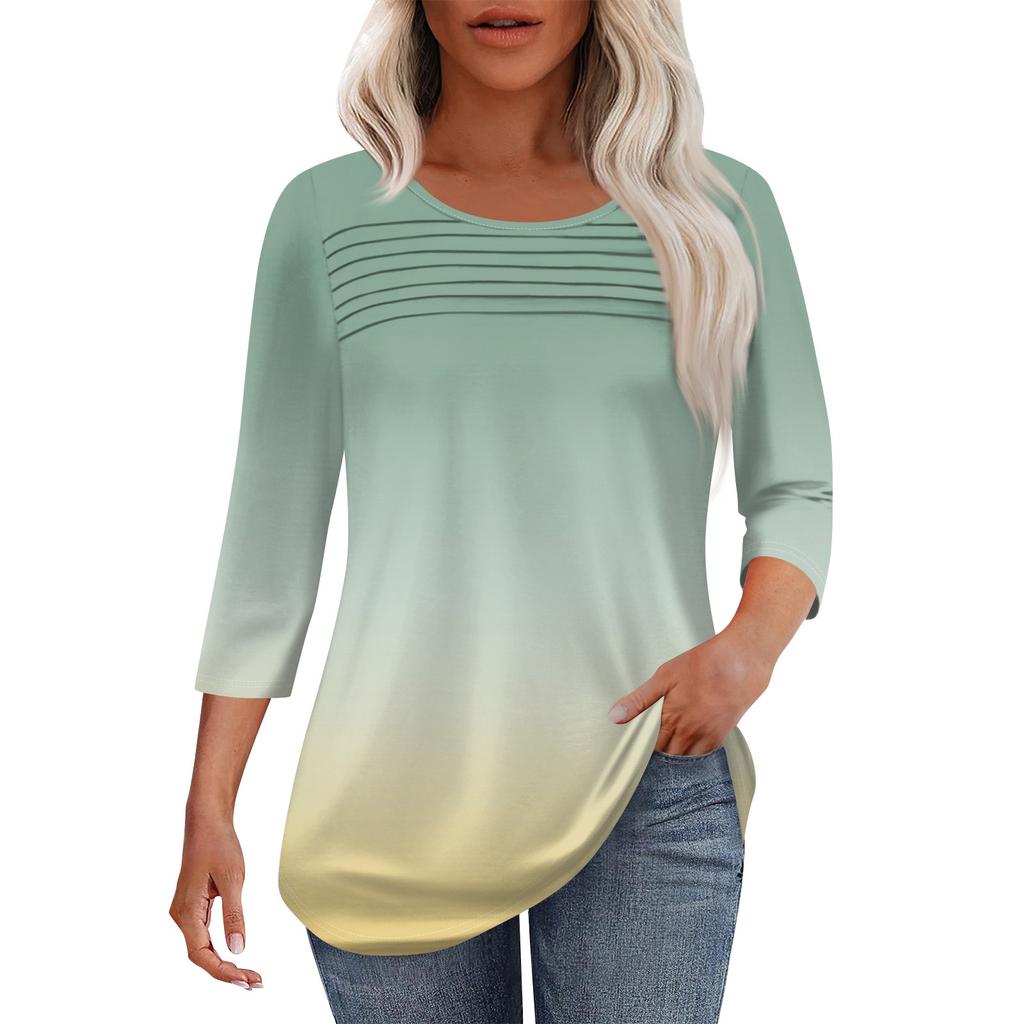 Women's Fashion Round Neck Pleated Front Placket Solid Color 3/4 Sleeve Top