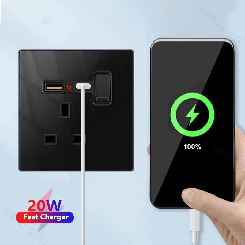 Стандарт Великобритании 20 Вт Type-C розетка для быстрой зарядки универсальный настенный выключатель света на 2 направления, черное закаленное стекло двойная 3-контактная USB розетка