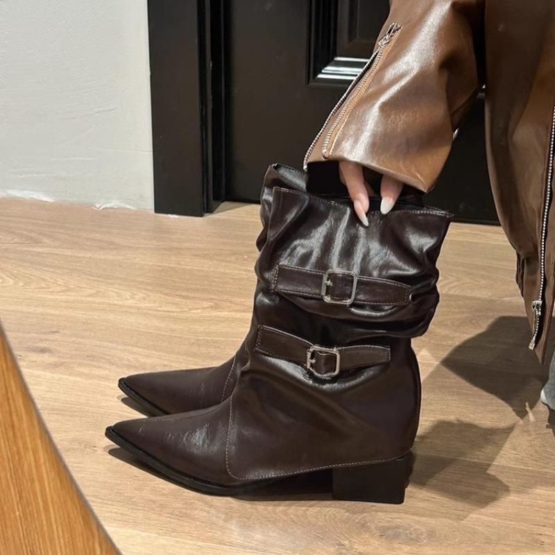 Ботильоны с острым носком, с пряжкой на ремне и блочным каблуком, женские, модные весенне-осенние, плиссированные, облегающие, средней высоты, с голенищем-гармошкой