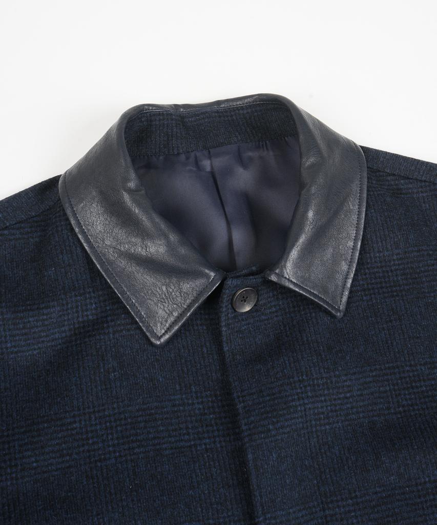 Birbante Wool Blend Leather Collar Blouson Jacket - Navy Check