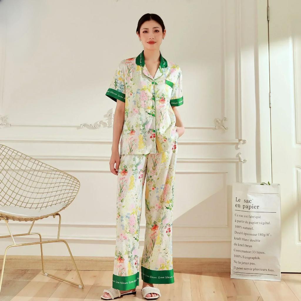 Новый французский женский комплект пижамы Ice Silk Printed со средним рукавом, с эксклюзивным дизайном, домашний костюм с лацканами Ins Style, пижама