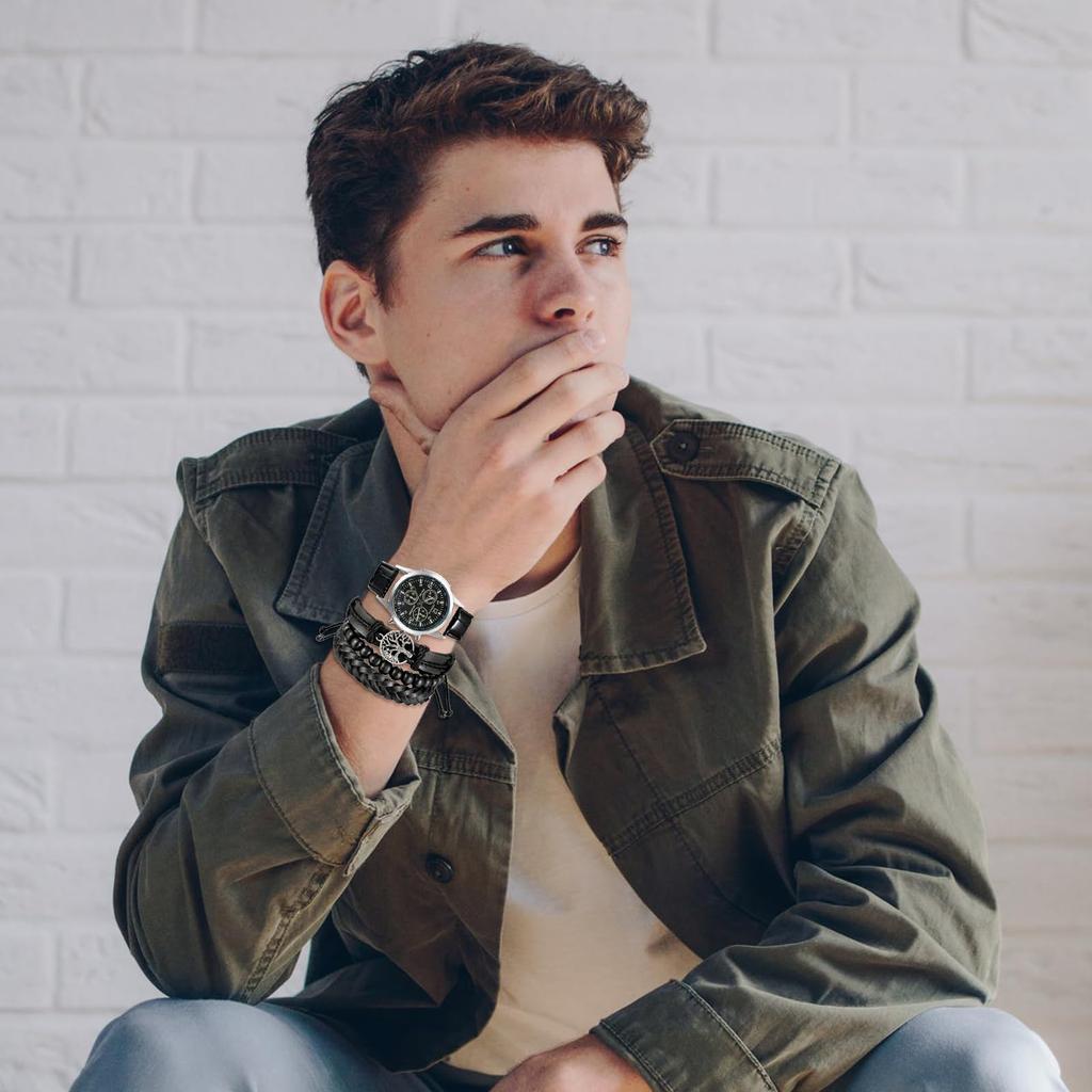 Крутой кожаный браслет, черный браслет Lucky Tree, многослойный, водонепроницаемый, кварцевый, электронный, сделанный в Японии, набор из 2 часов, подарок на Рождество для сына