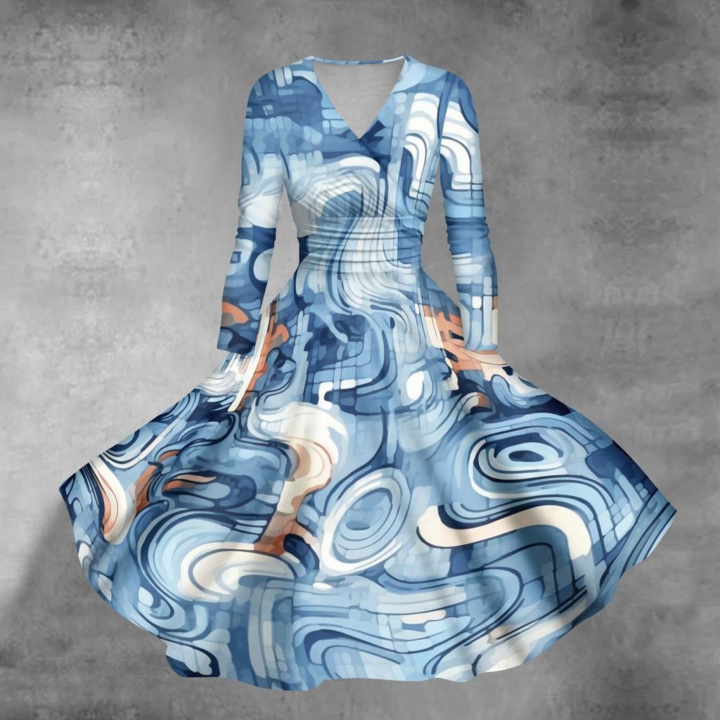 Женское повседневное и модное сексуальное платье с v-образным вырезом и длинными рукавами с градиентным принтом