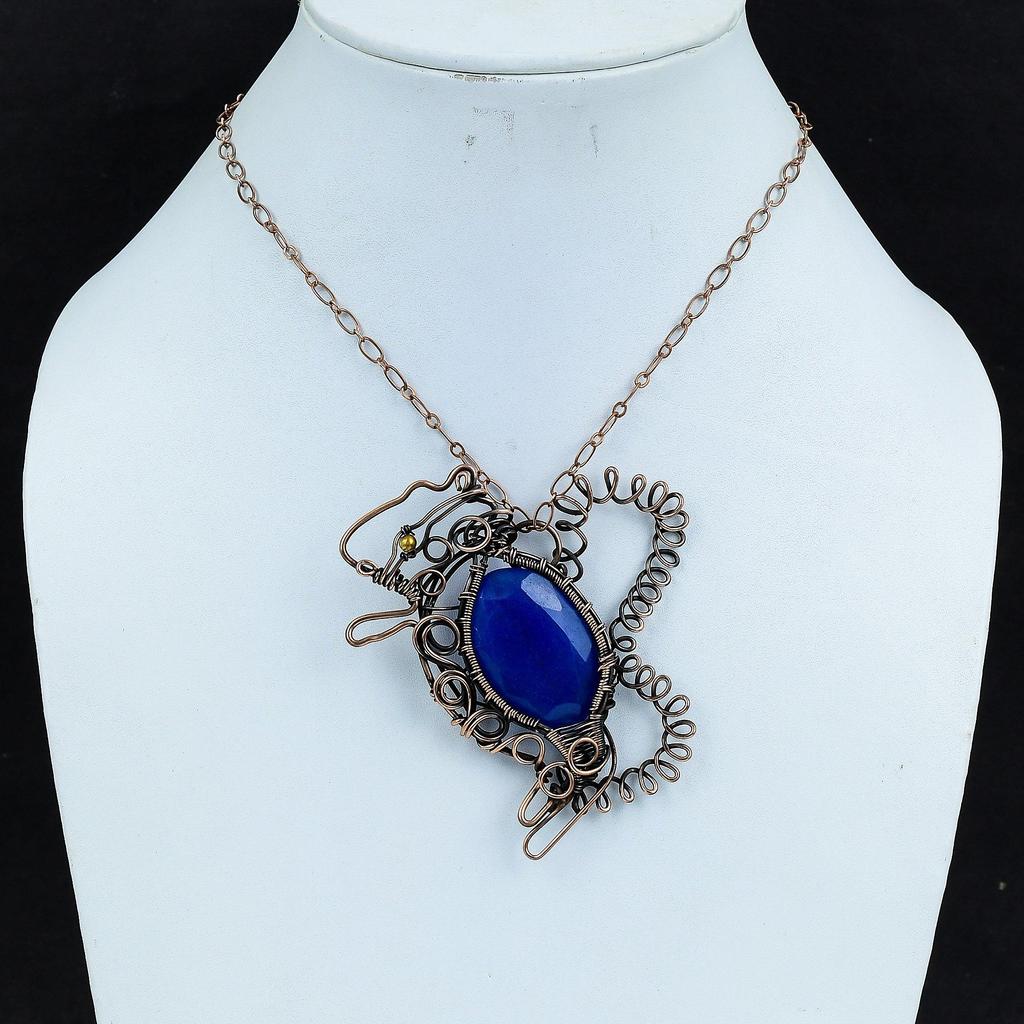 Граненый кулон из синего сапфира, кулон, обернутый медной проволокой, кулон с драгоценным камнем в виде кролика, ювелирные изделия с проволочным дизайном, медные ювелирные изделия ручной работы, подарки для нее
