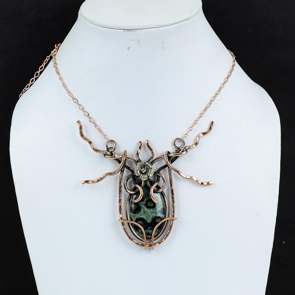 Ожерелье из камбабской яшмы, ожерелье, обмотанное медной проволокой, ожерелье с регулируемой цепочкой, медные украшения, ожерелье с драгоценным камнем, украшения ручной работы для подарков