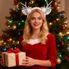 Christmas Headband for Women Fleece Reindeer Antlers Headband with Bow Pompoms for Xmas Party Supplies Halloween Cosplay Accessory