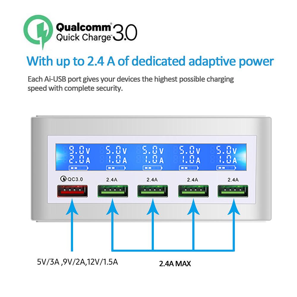 Зарядная станция USB мощностью 50 Вт. Многопортовое зарядное устройство USB-концентратора. Зарядное устройство USB QC 3.0 с ЖК-дисплеем. 5 портов USB.