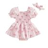 Baby Girl Romper Dress Bow Print Puff Short Sleeve Jumpsuit with Cute Headband Set Summer Clothes 2 Piece Outfits