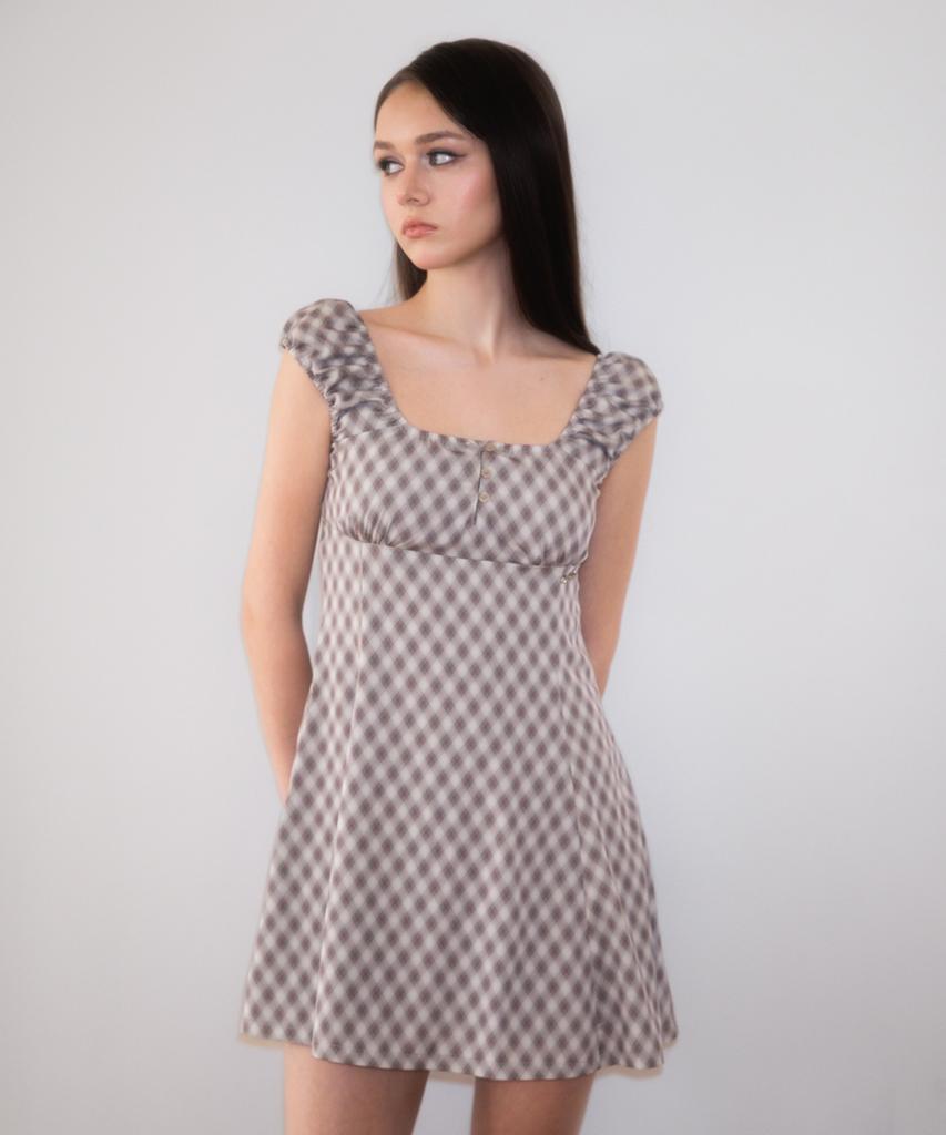 Rose Franz Puff Sleeve Romantic Mini Dress [Brown]