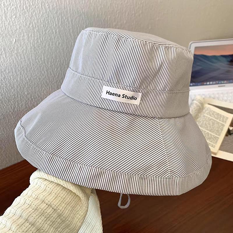 Korean Version Of Fresh Striped Bucket Hat Spring And Summer Thin Women'S Outdoor Sunshade Lace-Up Big Eaves Foldable Sun Cap