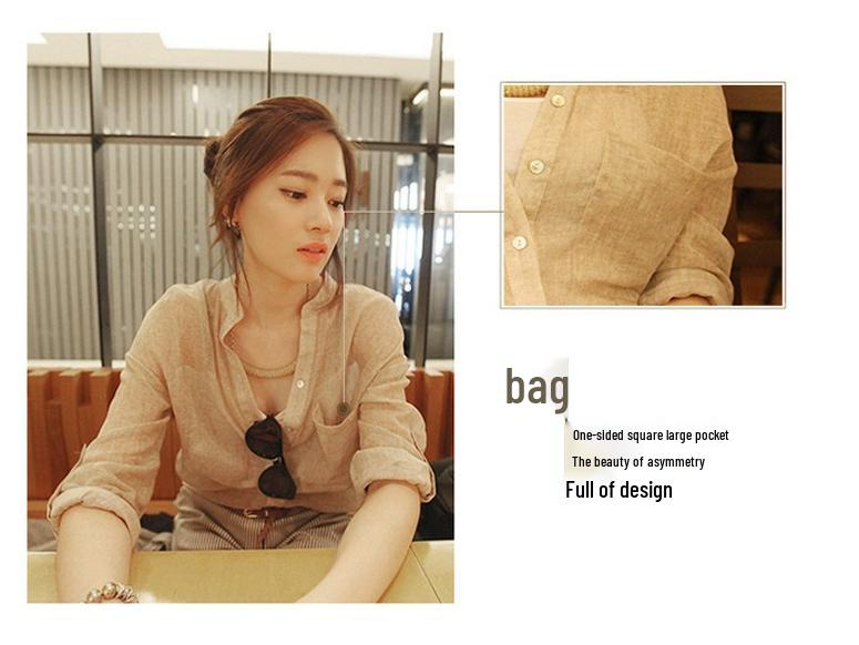 Летняя солнцезащитная блузка из японского хлопка и льна со стойкой