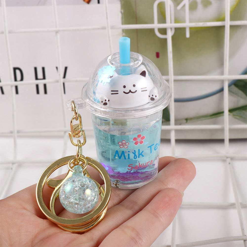 Key Ring Bag Pendant Women Car Key Chain Key Holder Sakura cat Key Ring Milk Tea Bottle Keychain