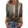 Trendy Vintage 3/4 Sleeve Top For Women,Ladies Casual Three Quarter Sleeve Round Collar Printed T-Shirt Blouse