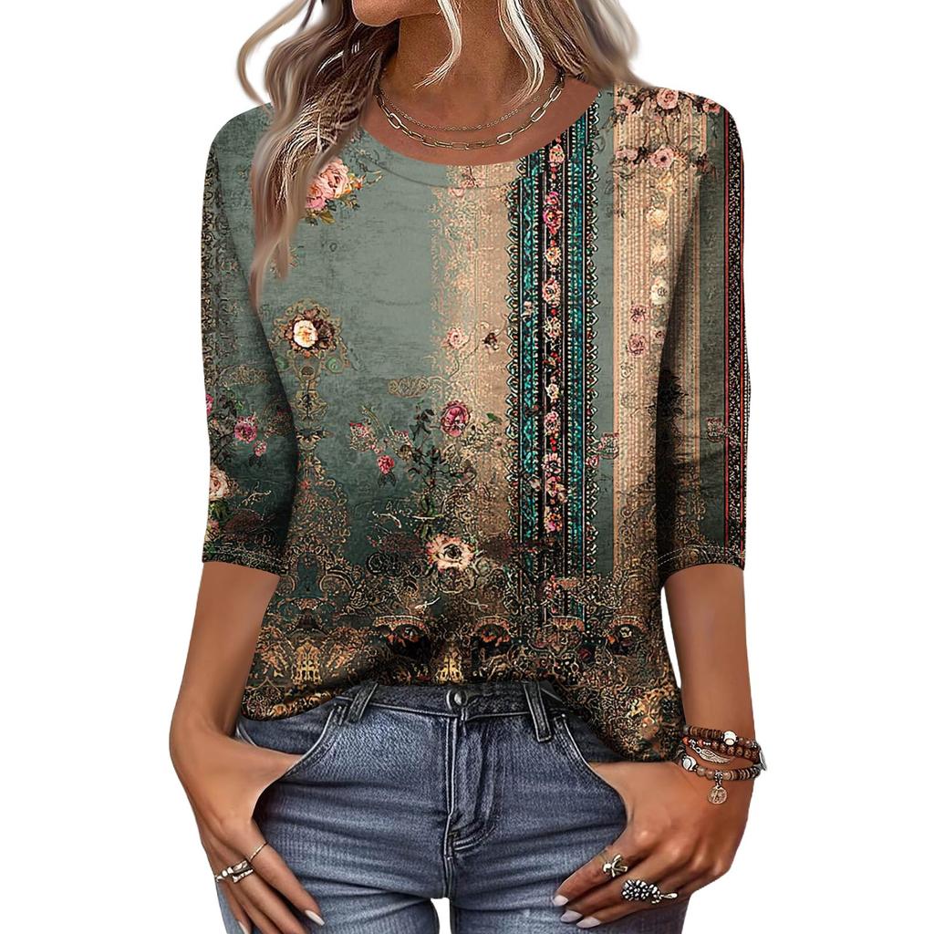 Trendy Vintage 3/4 Sleeve Top For Women,Ladies Casual Three Quarter Sleeve Round Collar Printed T-Shirt Blouse