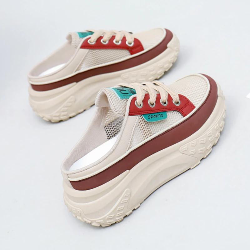 Fashion Thick Soles Increase Mesh Women's Sport Slippers Trend Lace Up Half Slipper Fashion Casual Shoes Female Slides Sneakers 2025New