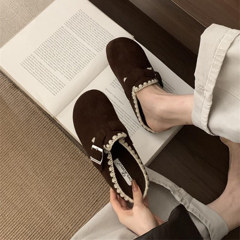 Autumn thick-bottomed velvet bag head half slippers women's autumn and winter wear with skirts retro warm Birkenstock half slippers