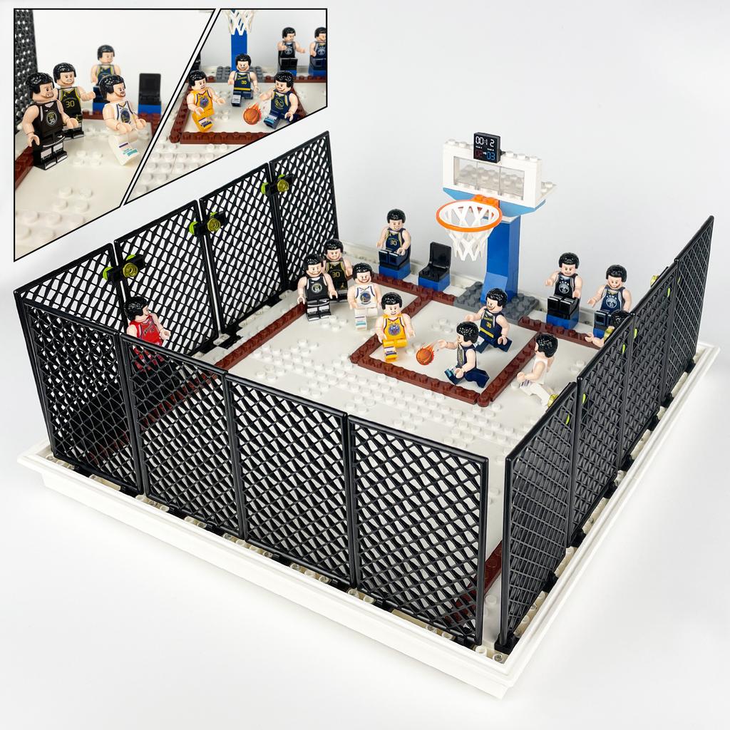 JT023 Школьная баскетбольная площадка. Дети собирают строительные блоки, игрушки.