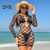 Women Beach Cover Up Round Neck Long Sleeve Hollow Design Fishnet Bikini Cover-up UV Protection Swimsuit Cover Up Dress