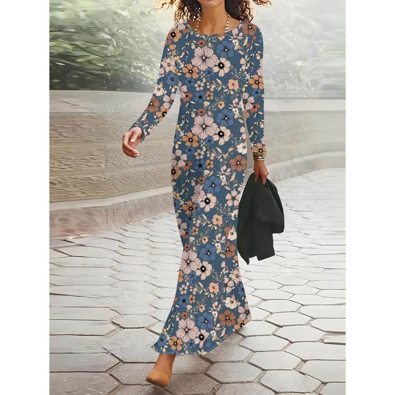 Casual Floral Print Long Sleeve Dress for Women Blue Background Round Neck A Line Bodycon Midi Dress Fall Winter Fashion