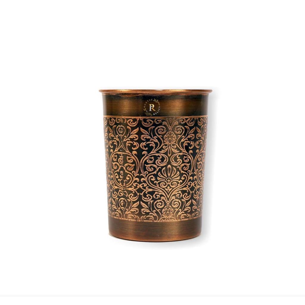 Pure Copper Glasses Gift Box Set of 2 | Hand Made Antique Finish Embosed Tumbler | Glass for Drinking with AYURVEDA Health Benefits