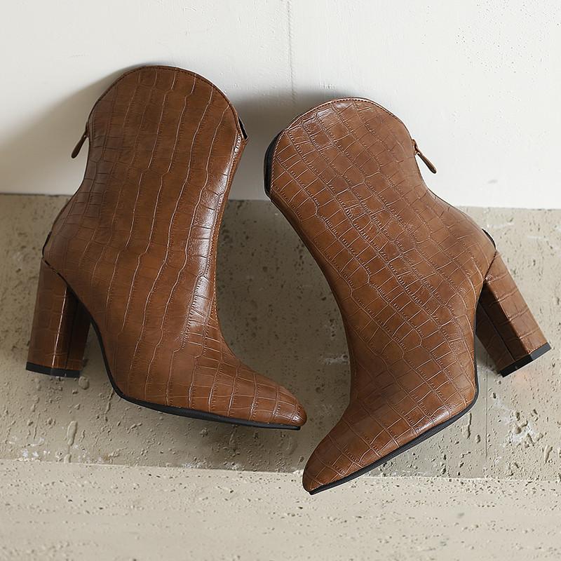 Women's High-heeled Short Boots Autumn and Winter New Solid Color Crocodile Pattern Thick Heel Large Size Pointed Short Boots