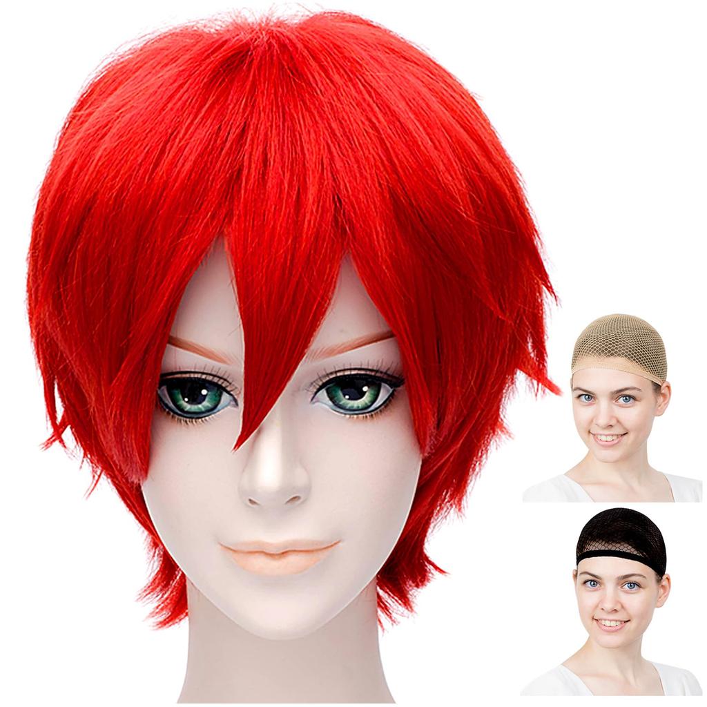 CaseEden Cosplay Includes 2 Wig Nets Wig, Short, 30cm, Heat-Resistant, Red,