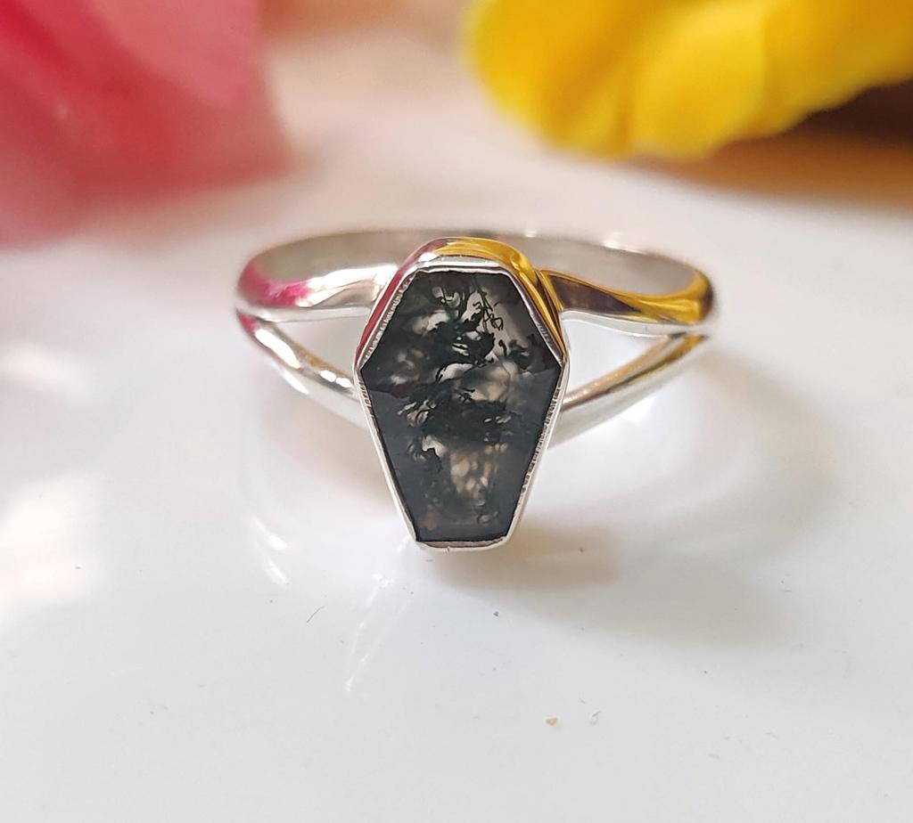 Tiny Coffin Ring, Moss Agate Ring for Women, 925 Solid Silver, Gemstone Handmade Jewelry, Boho Ring, Gift for Her, Minimalist Ring