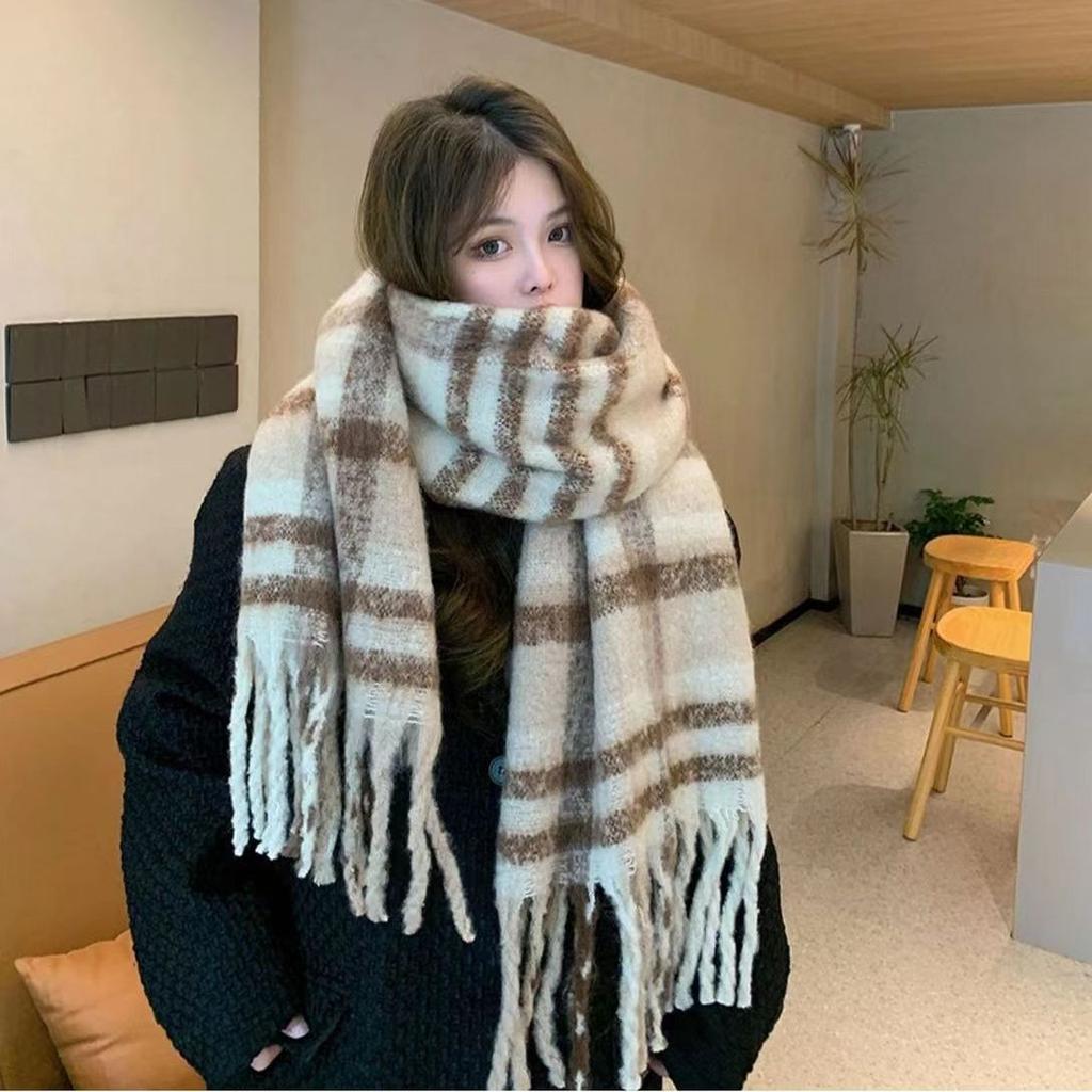 Women's Rainbow Plaid Fringed Mohair Scarf Shawl Korean Style Autumn Winter Thickened Student Versatile Warm Neck Warmer
