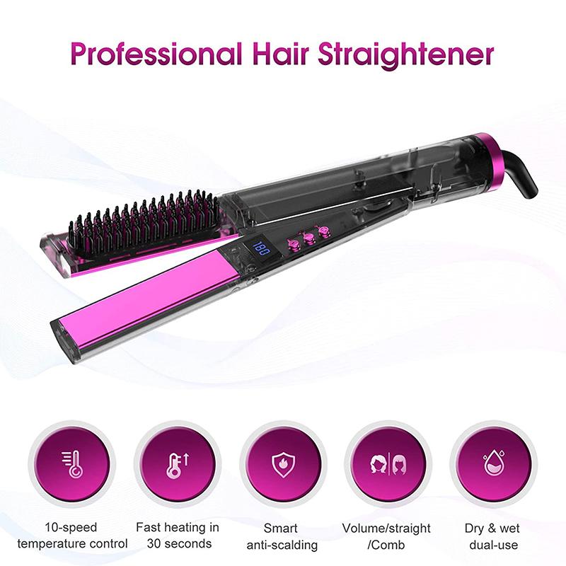 3 in 1 Electric LCD 60W Safety Titanium Hair Flat Iron Brush Hot Comb Hair Straightener Curler Ceramic Tourmaline Flat Iron