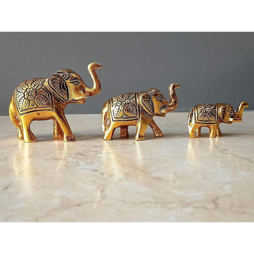 Set of 3 Metal Trunk Up Elephant Family Statue Showpiece Figurine -Fengshui Vastu Lucky - Home Decor Living Room Office Desktop & Gifting