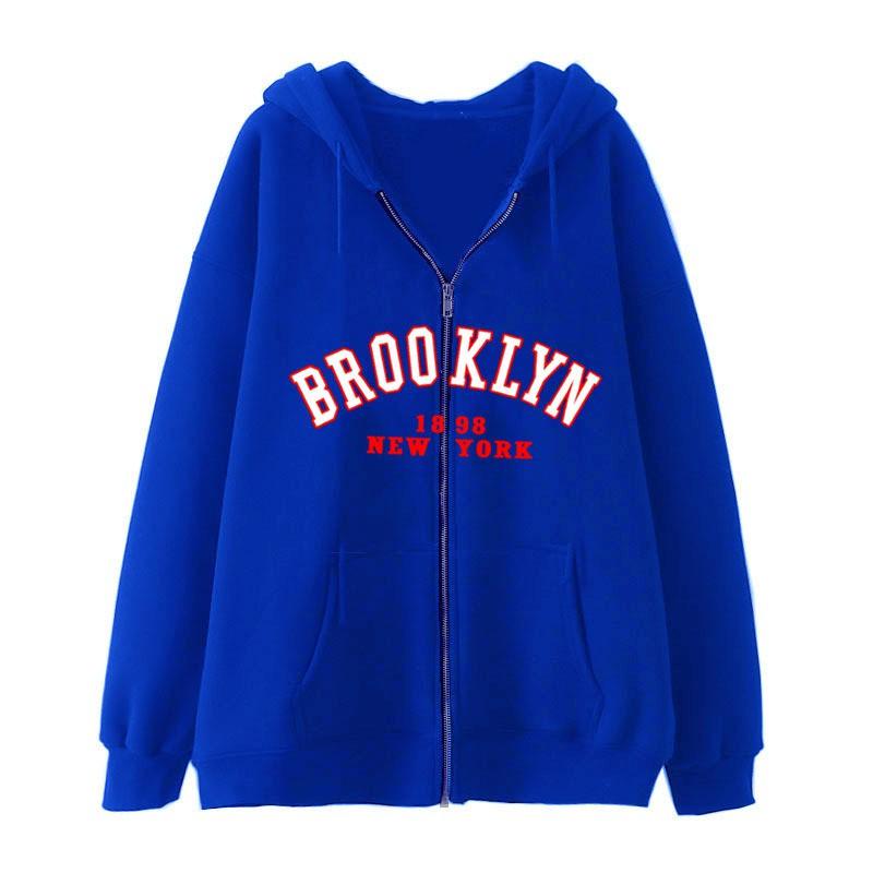 Zip-Up Hooded Sweatshirt Women Loose Fit Streetwear Geometric Print Cotton Long Sleeve Oversized Pullover