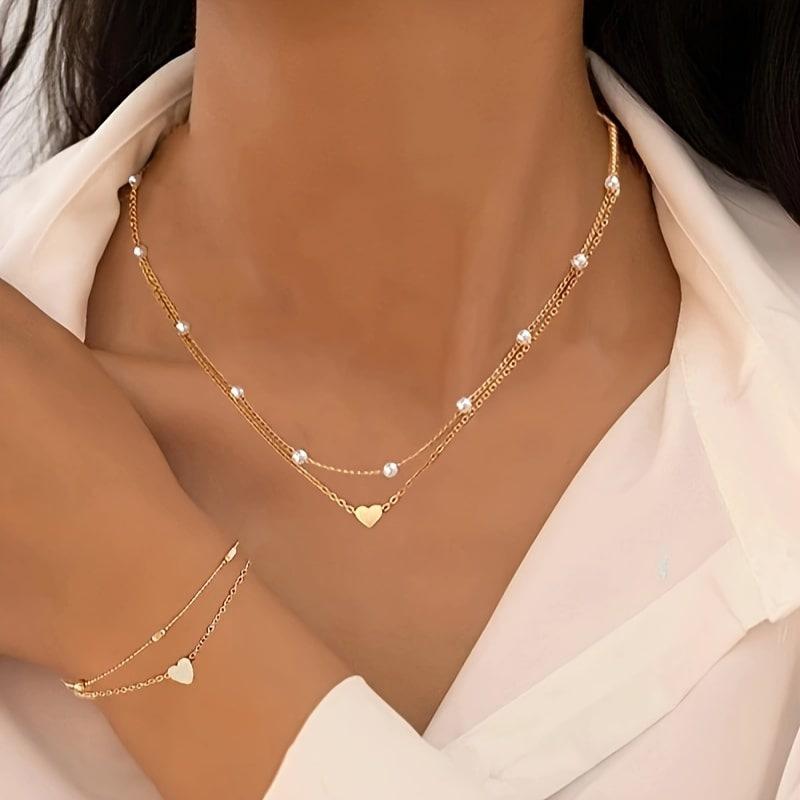 European and American hot-selling necklace bracelet set, versatile collarbone chain, heart-shaped necklace bracelet, simple peach heart item jewelry
