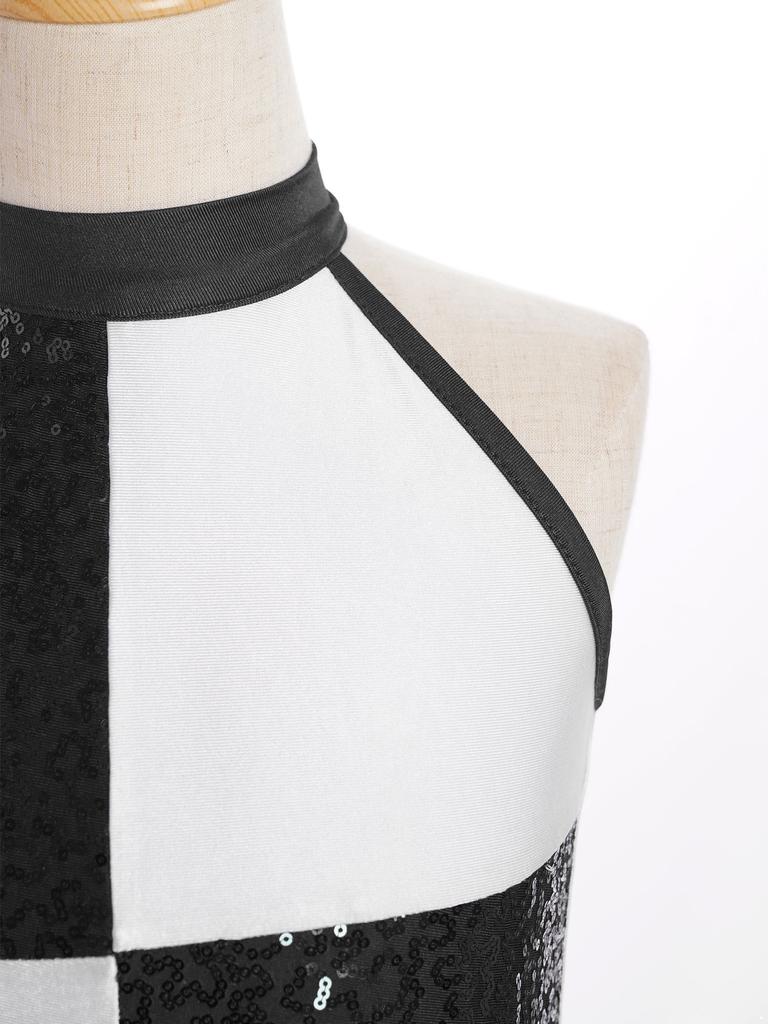 Девочки Блестящий Леотард для Латиноамериканских Танцев Color Block Блестящие Пайетки Кисточка Халтер Без Рукавов Костюм для Выступлений